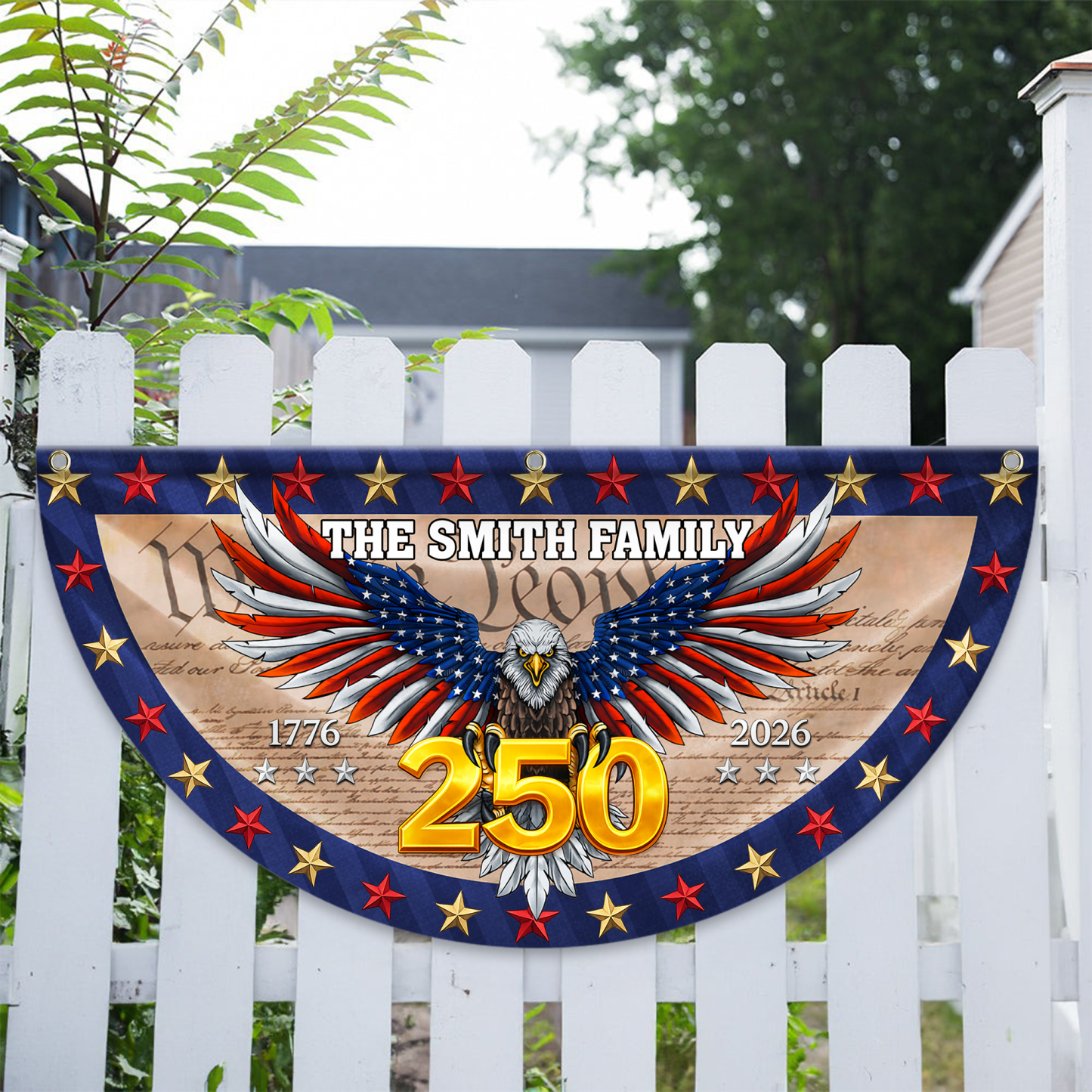 Personalized America 250th Anniversary Bunting Flag Custom Family Name American Flag - We The People Patriotic Eagle Non-Pleated Fan Flag