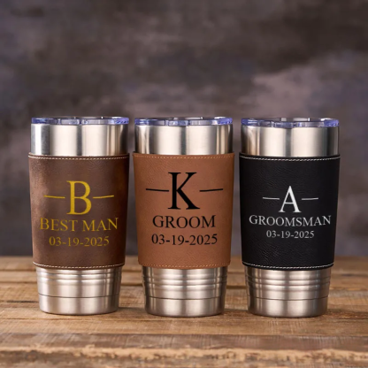 Personalized Wedding Party Tumbler Men’s 20oz Leather Tumbler Custom Groomsmen Gift Tumbler Groom Gift Best Man Bachelor Party Coffee Mugs