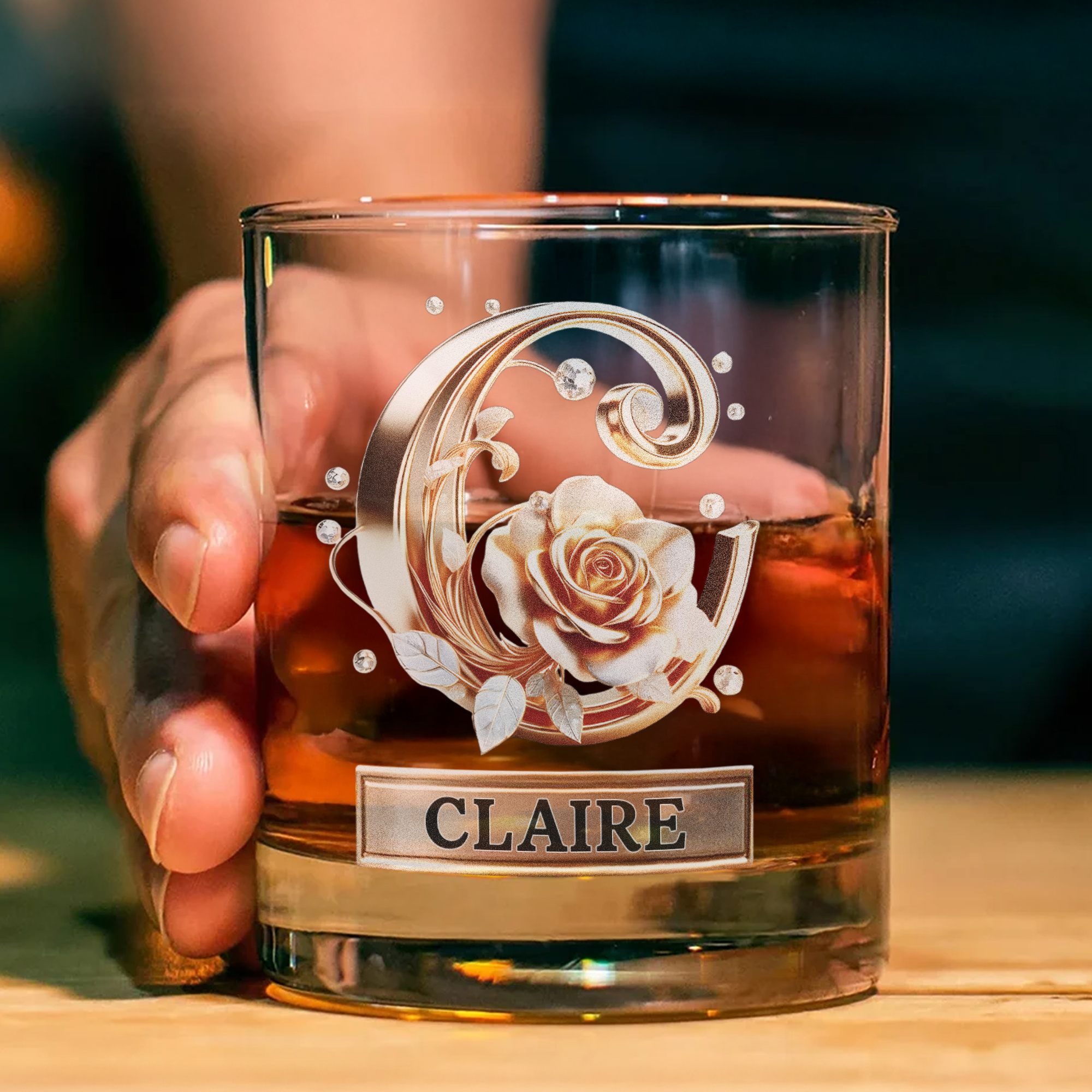 Custom Name Rose Pearl/Embossing Alphabet Wine Glass, 10oz Bourbon Whiskey Old Fashioned Glass, Anniversary/Valentine's Day Gift for Him/Her/Couple