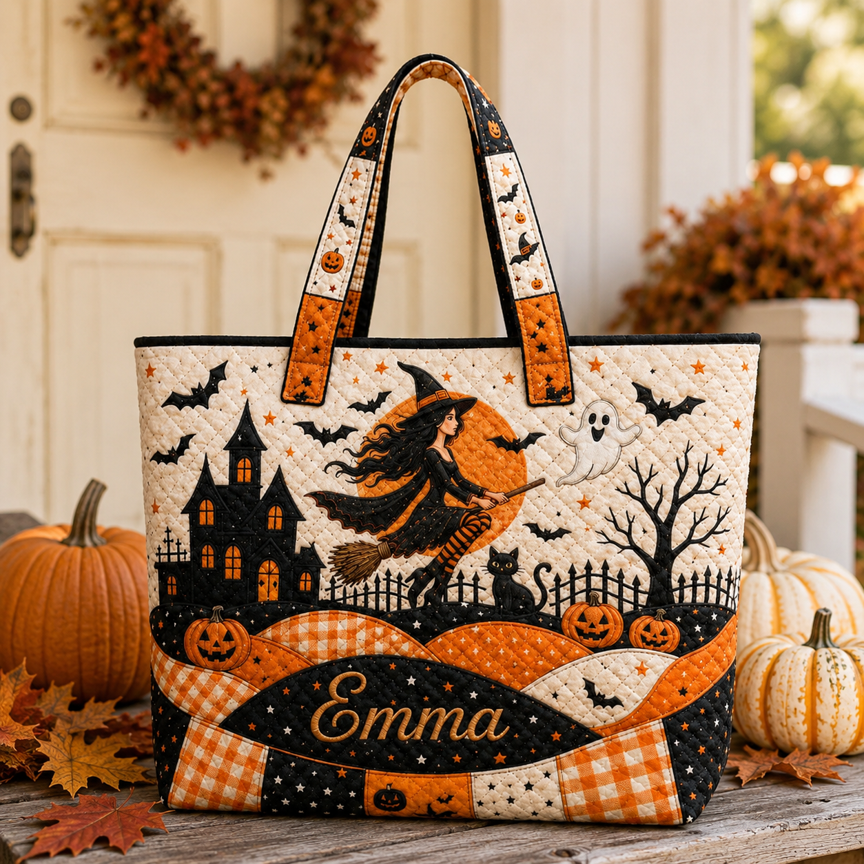 Personalized Halloween Quilted Handbag, Custom Name Witch Tote Bag, Haunted House Pumpkin Bag, Spooky Fall Shoulder Bag, Halloween Gift