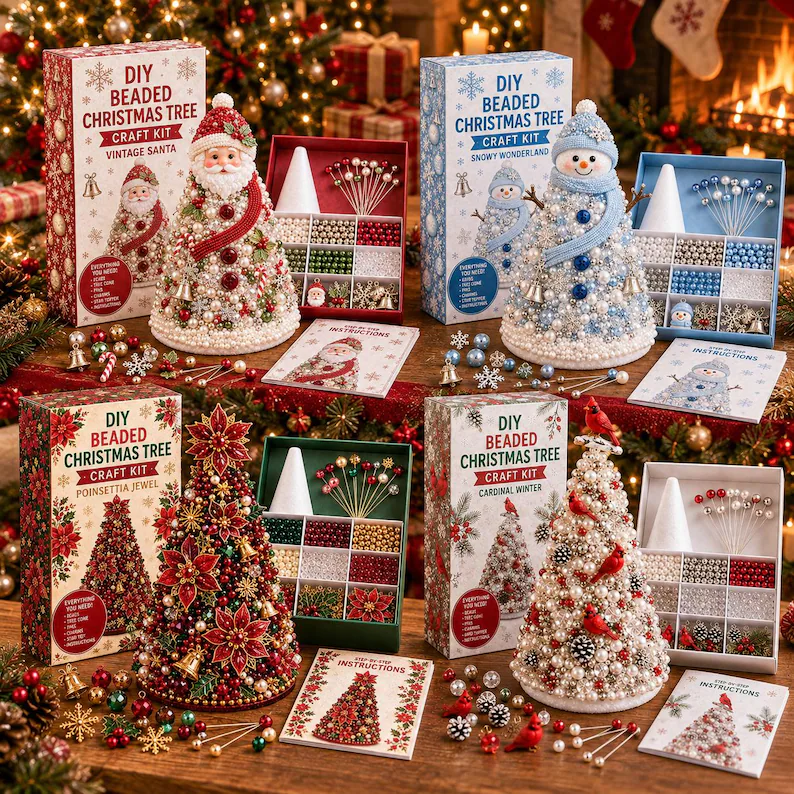 DIY Beaded Christmas Tree Craft Kit, Festive Holiday Ornament Making Set (Plastic)