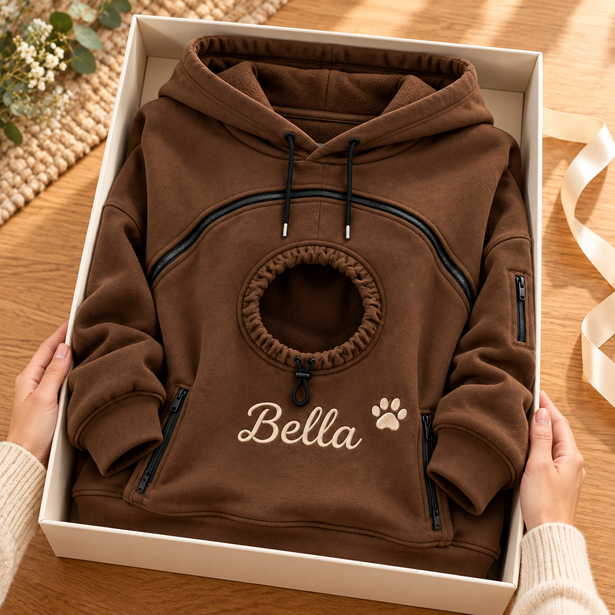 Personalized Pet Pouch Hoodie, Embroidered Name Fleece Pullover, Oversized Gift for Pet Moms and Dads