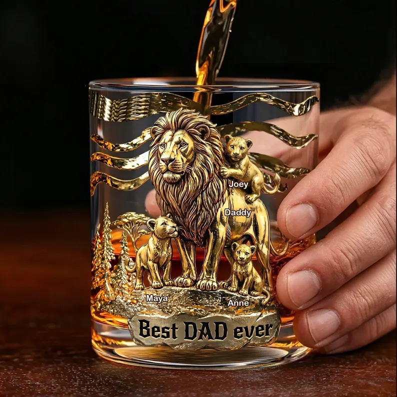 Personalized Lion Dad Whiskey Glass 2d Flat, Custom Family Name Bourbon Tumbler, Best Dad Ever Gift, Father’s Day Scotch Glass for Dad