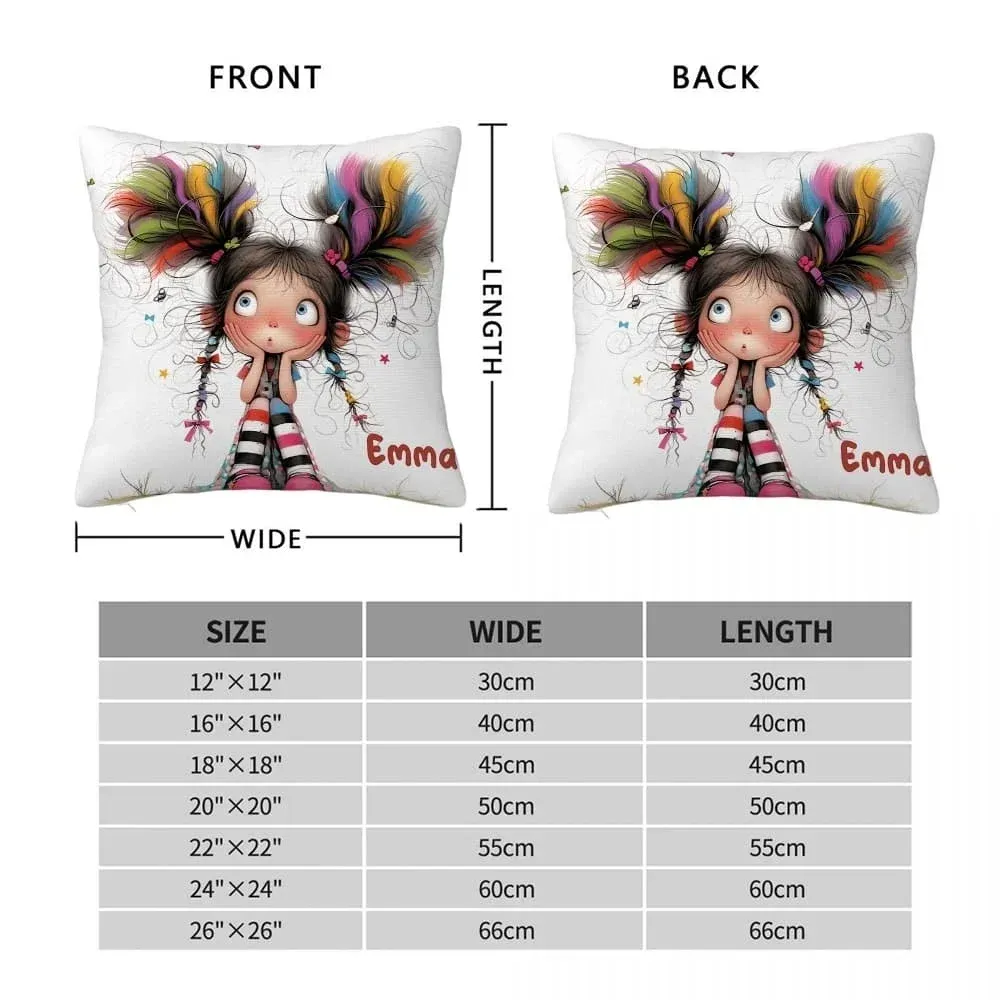 Personalized Cute Cartoon Quirky Girl Throw Pillow with Name Home Decor Birthday Gift for Girls