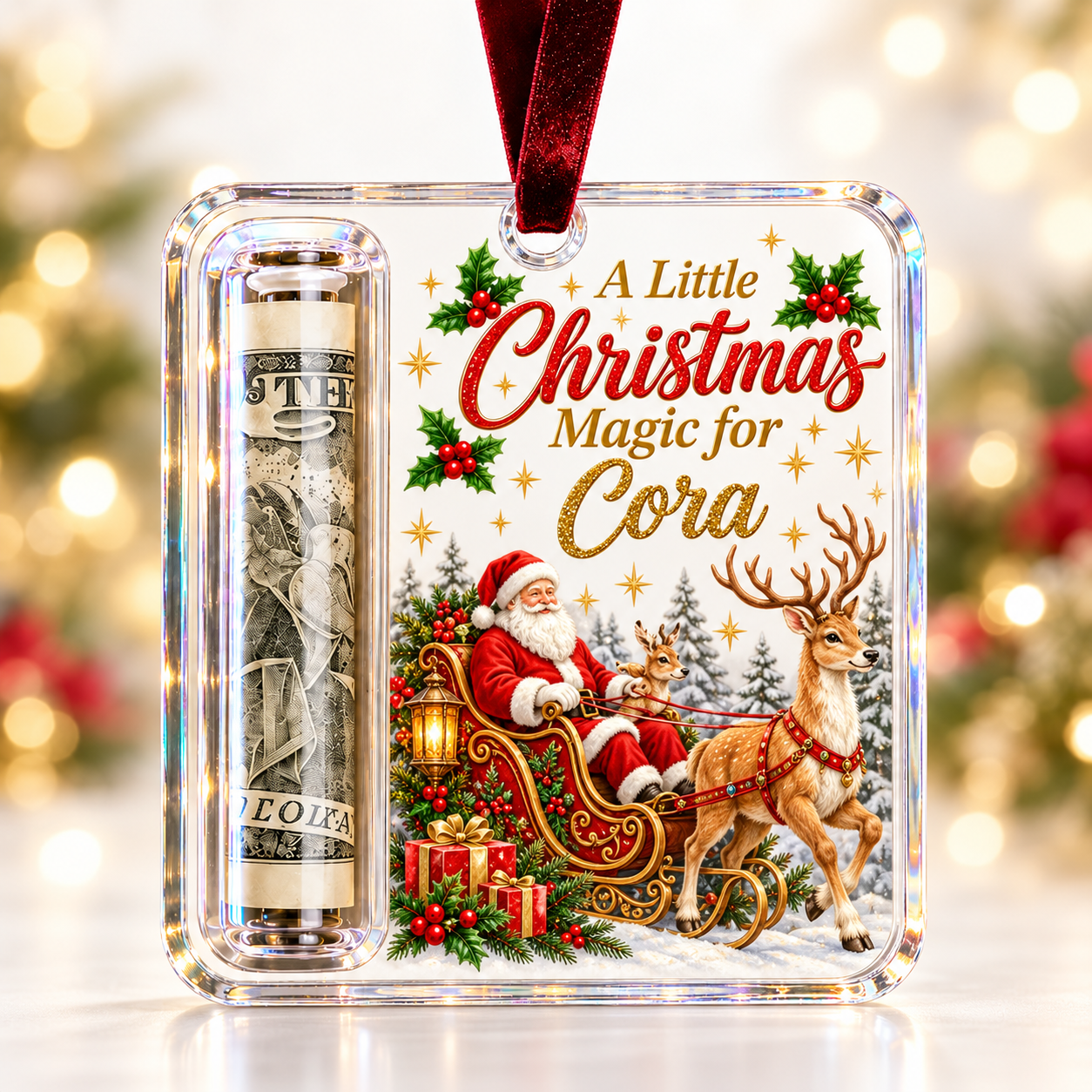Custom Name Christmas Money Holder Acrylic Ornament, Personalized Xmas Tree Hanging Keepsake Holiday Gift for Family Kids