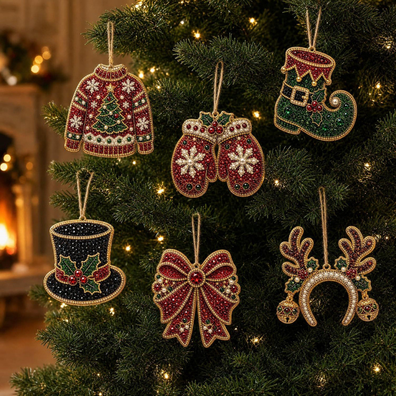 6pcs Winter Wear Pendant - Acrylic Christmas Tree Ornaments DIY Decor Kit Pearl Art Diamond Painting Pendant - Acrylic Christmas Tree Ornaments DIY Decor Kit