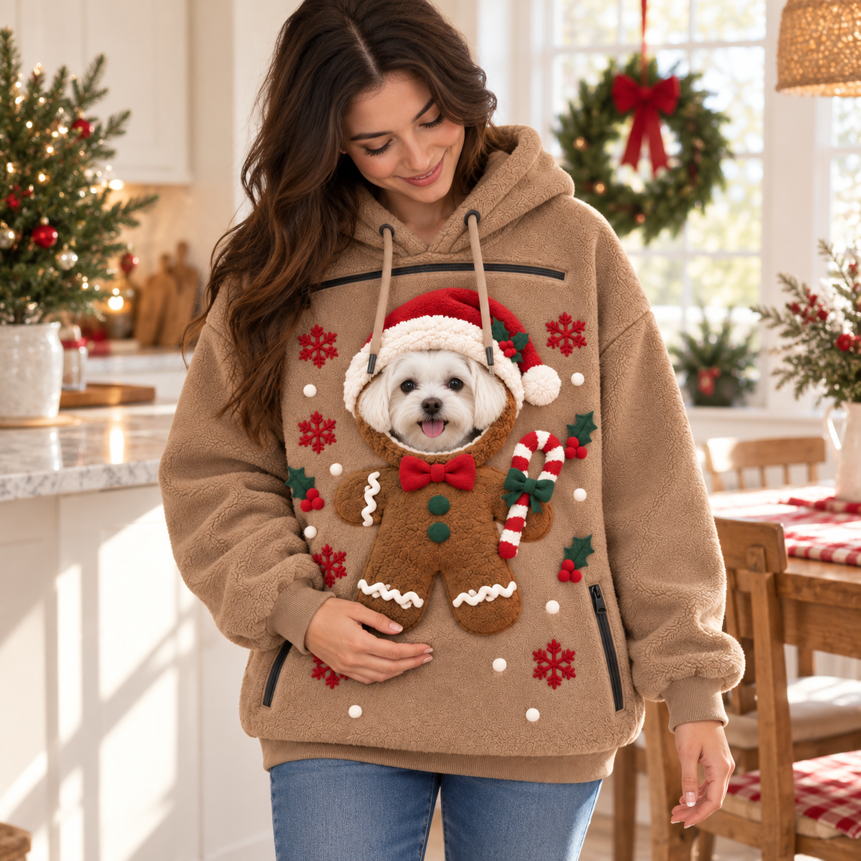 Christmas Pet Carrier Hoodie, Santa Dog Holder Sweatshirt, Puppy Pouch Pocket, Holiday Animal Gift Festival Apparel