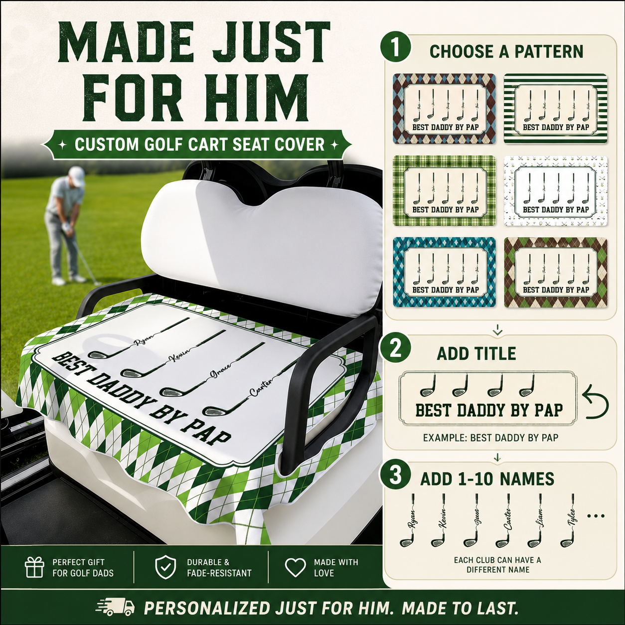Personalized Golf Club Golf Cart Seat Cover with 1-10 Names and Title Golf Course Accessories Father's Day Birthday Gift for Father Golf Lover