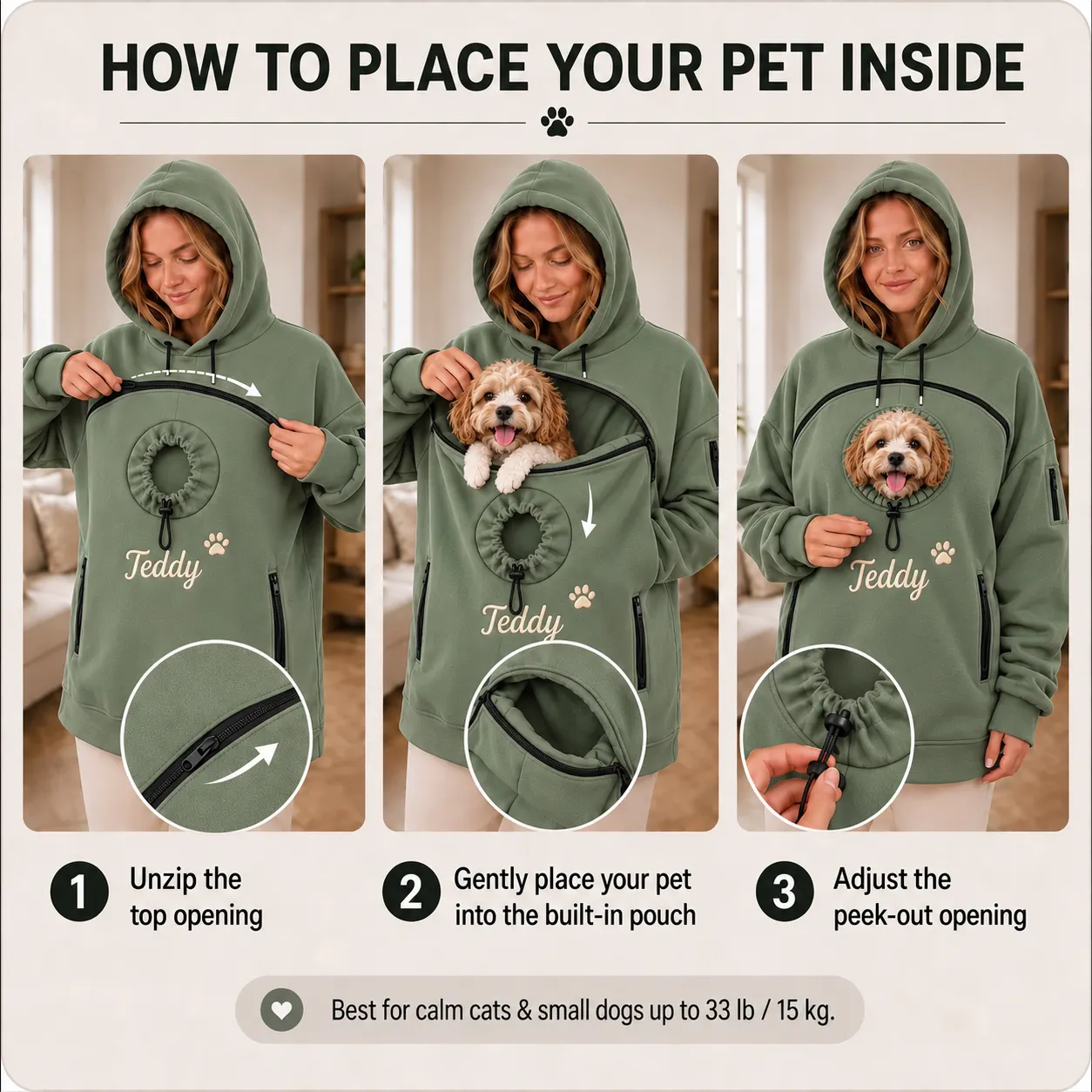 Custom Dog Pouch Sweatshirt For Pet | Personalized Embroidered Name Pet Carrying Unisex Hoodie Small Pet Owner Christmas Gift