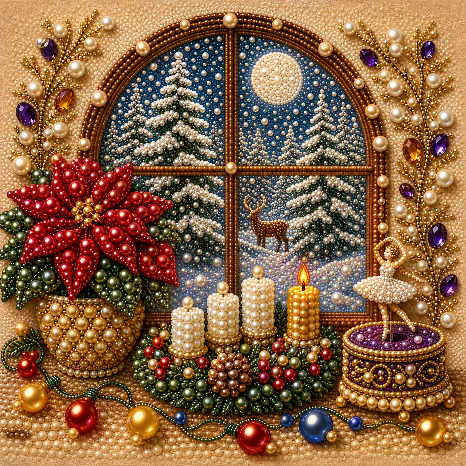 Framed Christmas Hibiscus Snow Scene - Pearls Painting Kit DIY Diamond Painting Pearl Dot Crafts 