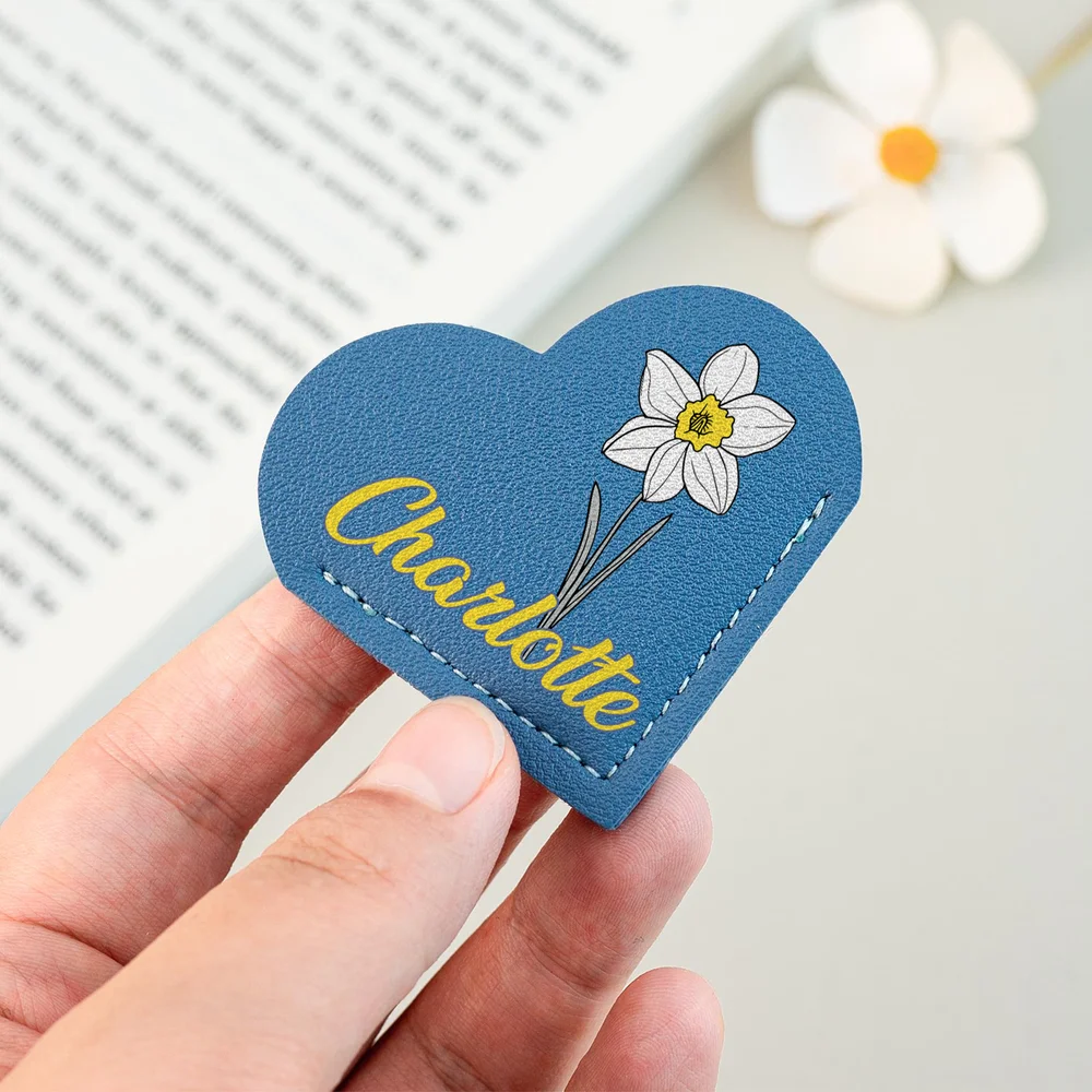Personalized PU Leather Birth Flower Heart Bookmark with Name Birthday Anniversary Gift for Book Lovers Bookworms