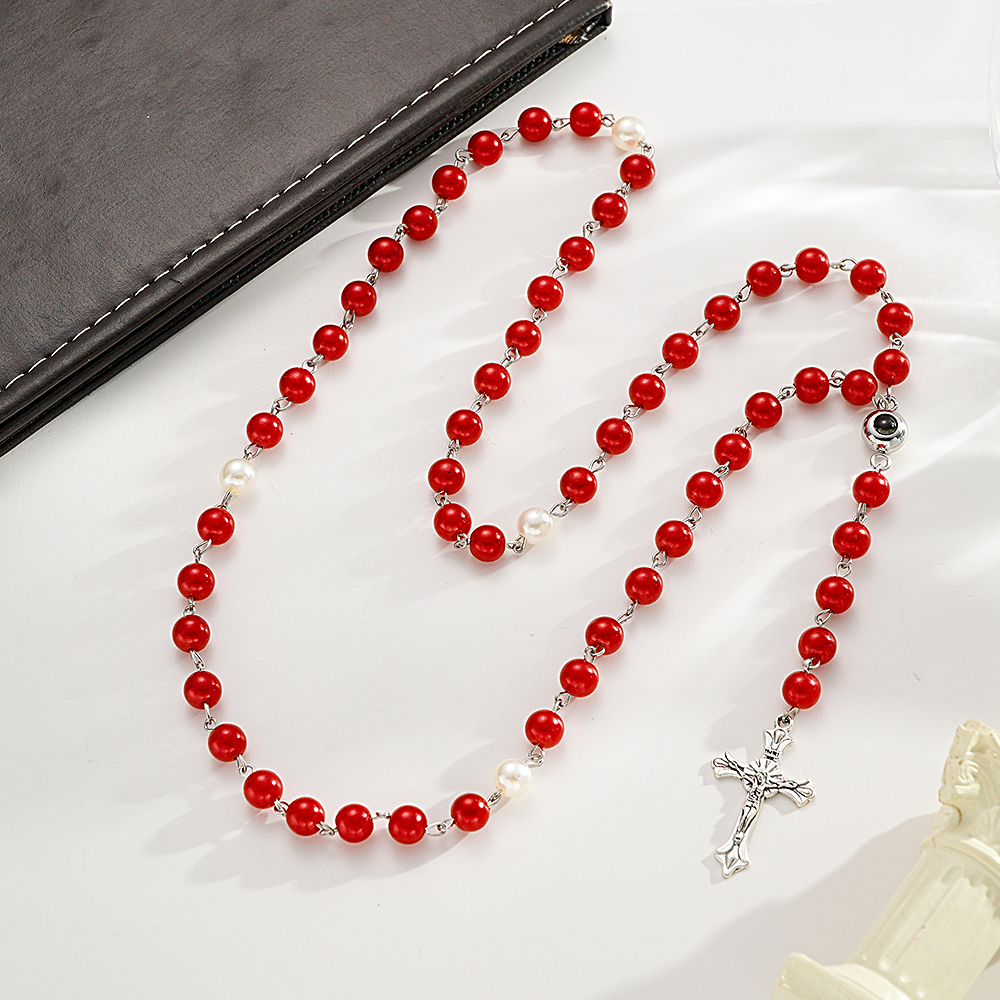Personalized Photo Projection Multi-Color Rosary Beads Cross Necklace with Photo Memorial Gift for Women