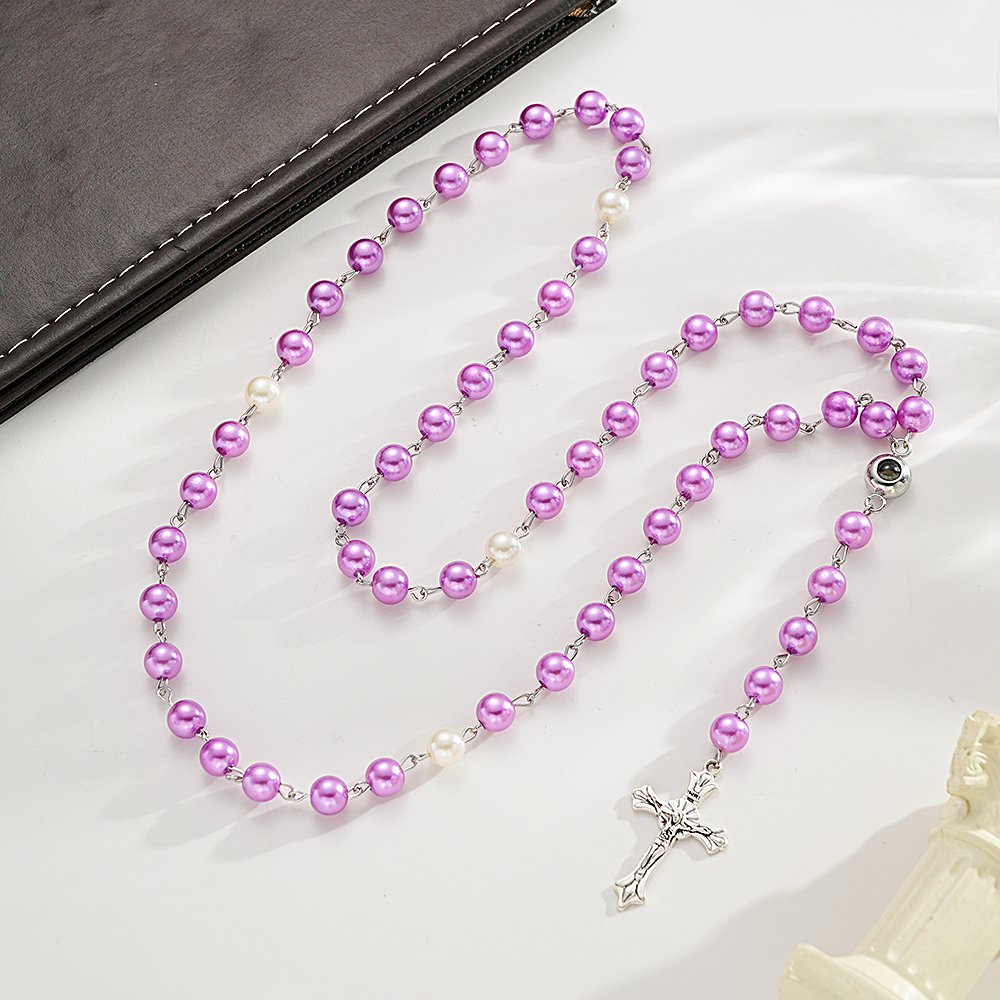 Personalized Photo Projection Multi-Color Rosary Beads Cross Necklace with Photo Memorial Gift for Women