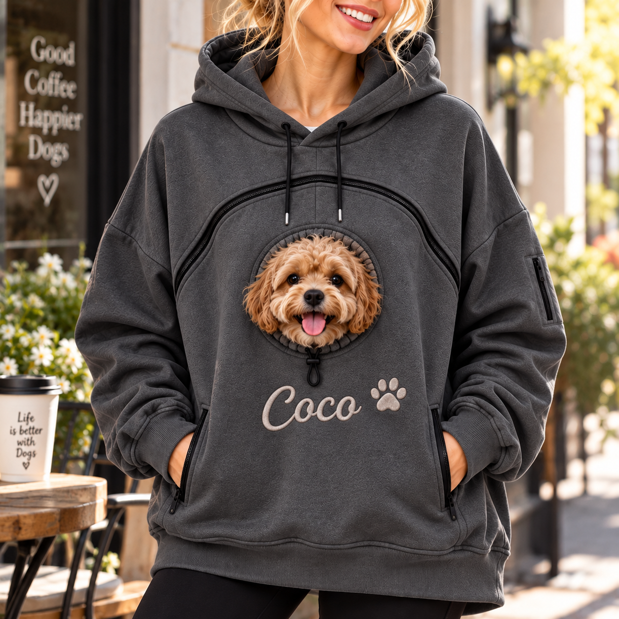 Pet Pouch Hoodie with Zippered, Customize Pet Name for Dog & Cat (Black)