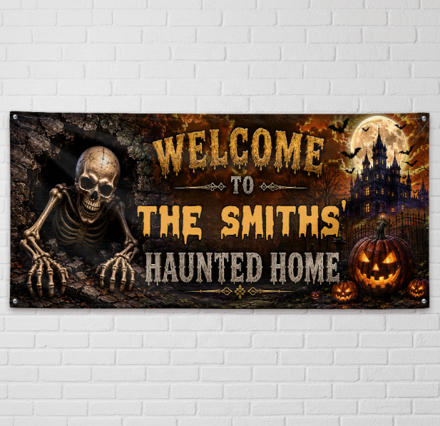 Custom Haunted Home Banner - Personalized Halloween Decor Gifts For Mom, Dad, Brother, Sister - Our Family Is Spooktacular