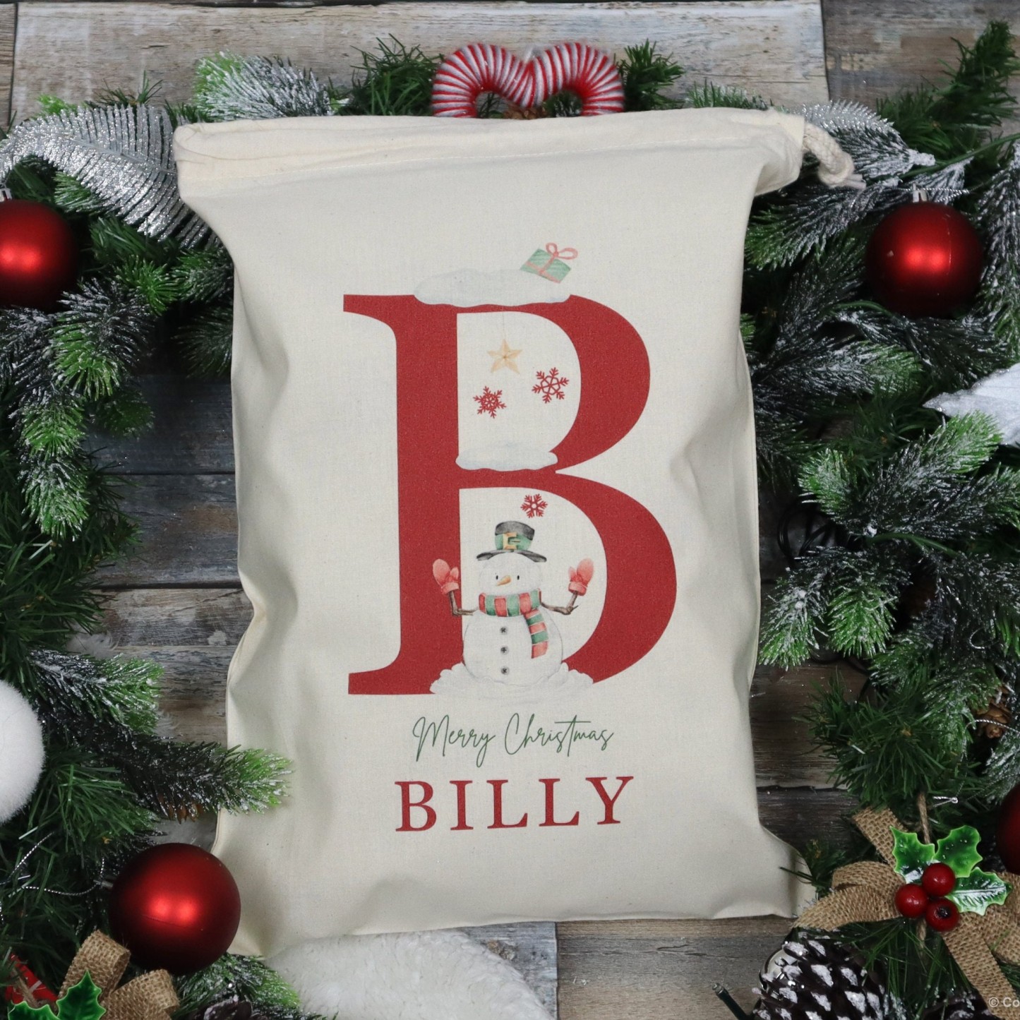 Personalized Christmas Santa Sack with Name & Initial, Custom Santa Gift Bag with Santa Claus Design, Holiday Present Sack
