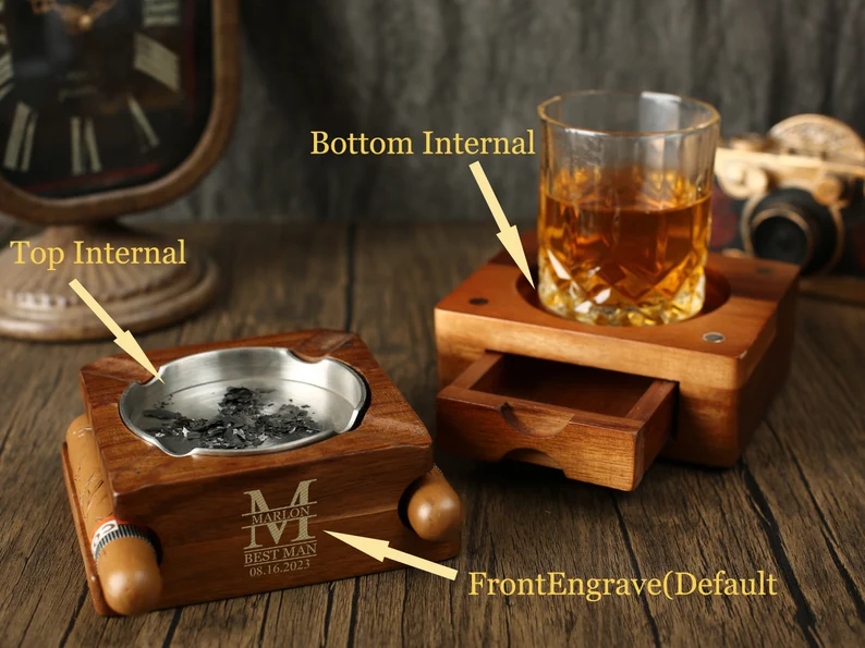 Personalized Whiskey & Cigar Tray Glass Holder Ashtray Whiskey, 2 in 1 Wooden Cigar Ashtray With Whiskey Glass Holder, Great Gifts for Men