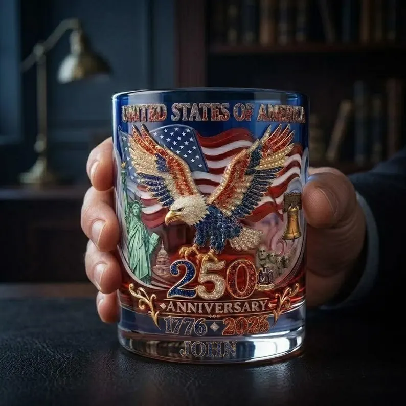 USA 250th Anniversary Personalized Whiskey Glass, Proud Anniversary Whiskey Glass, Custom Name, Whiskey Lovers, Gift For Patriots