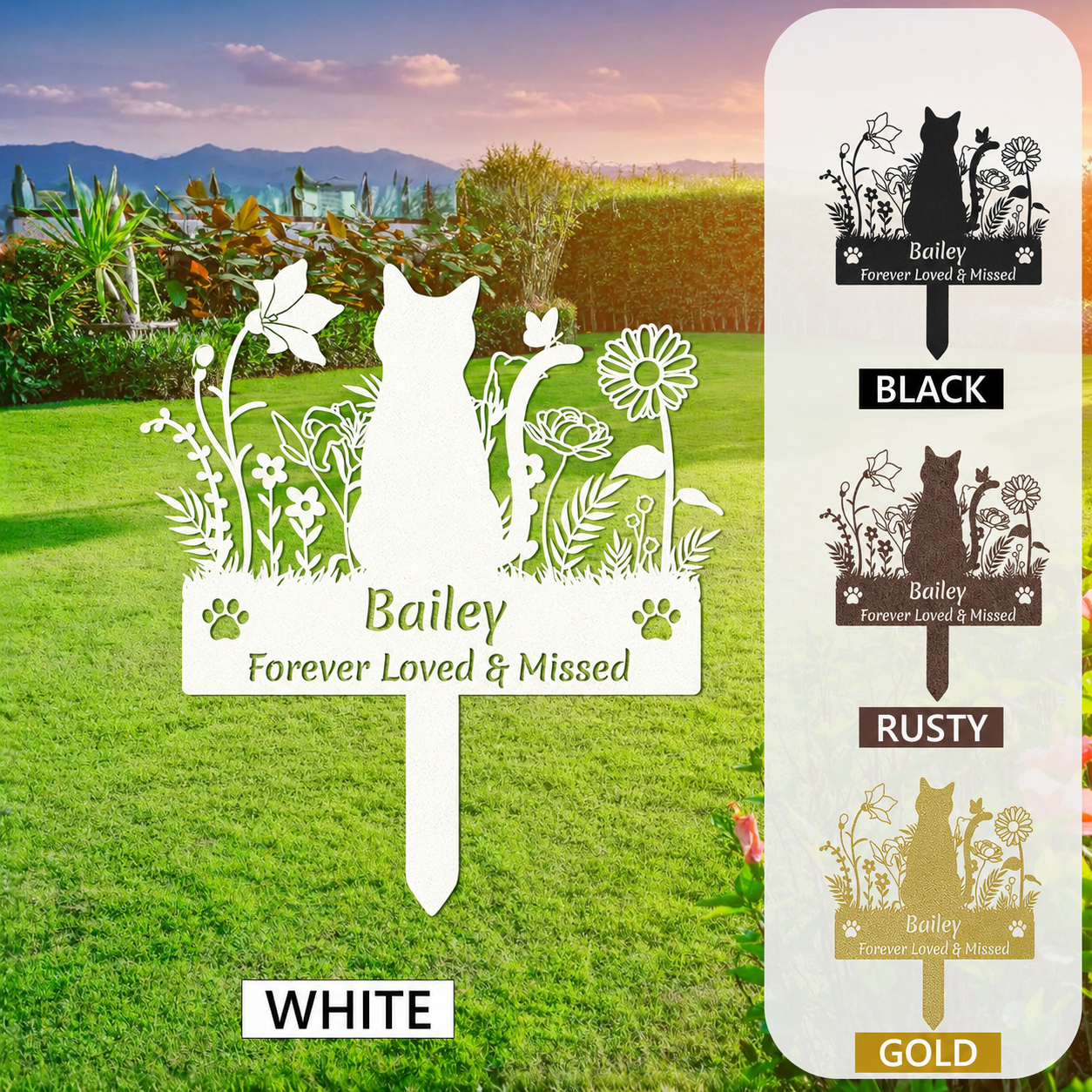 Custom Cat Name Memorial Grave Stake Marker, Personalized Floral Cat Memorial Grave Marker, Customized Flowers Butterfly Cat Memorial Stake Outdoor Metal Grave Plaque Cat Memorial Statue