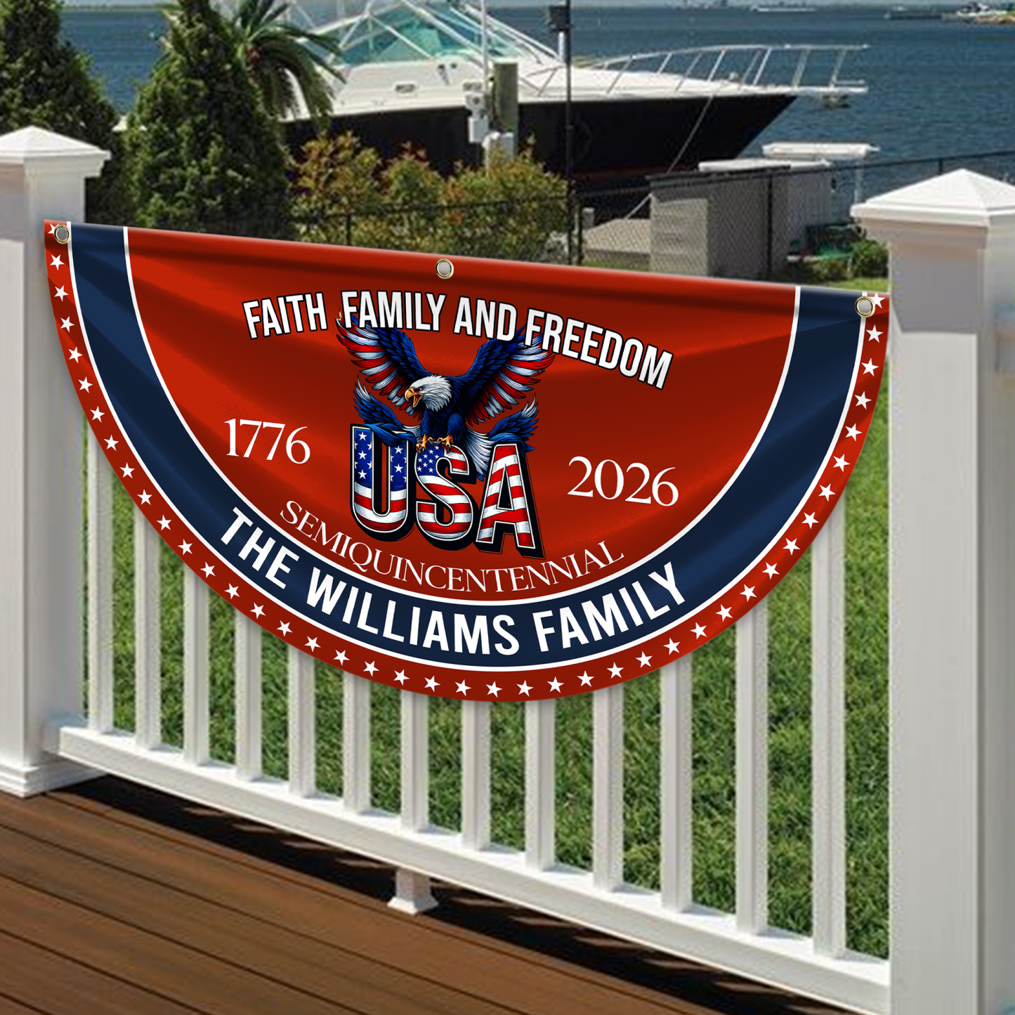 Personalized America 250th Anniversary Bunting Flag Custom Family Name Faith, Family & Freedom America 250 Years Non-Pleated Fan Flag CH07 910236