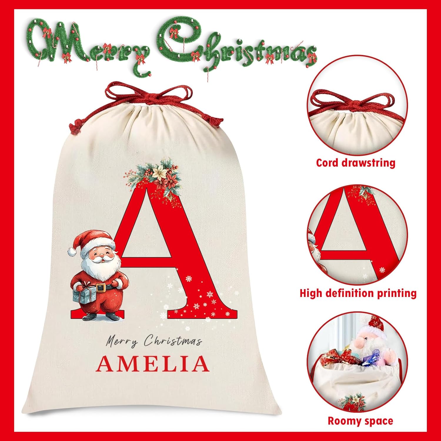 Personalized Christmas Santa Sack, Custom Xmas Canvas Drawstring Bags with Initial & Name for Kids, Christmas Gift Doll Bags for Holiday Presents Christmas Eve Box Large Sack Bag