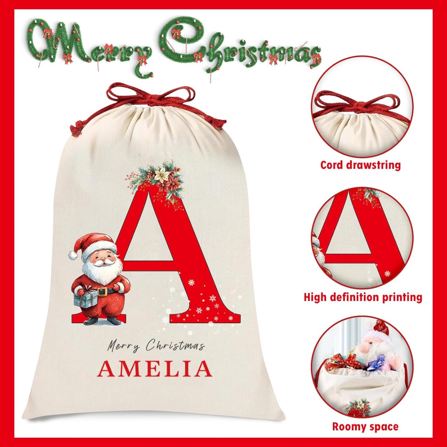Personalized Christmas Santa Sack, Custom Xmas Canvas Drawstring Bags with Initial & Name for Kids, Christmas Gift Doll Bags for Holiday Presents Christmas Eve Box Large Sack Bag