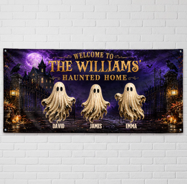 Custom Haunted Home Outdoor Banner - Personalized Halloween Decor Gifts For Mom, Dad, Brother, Sister - Beware Of Our House