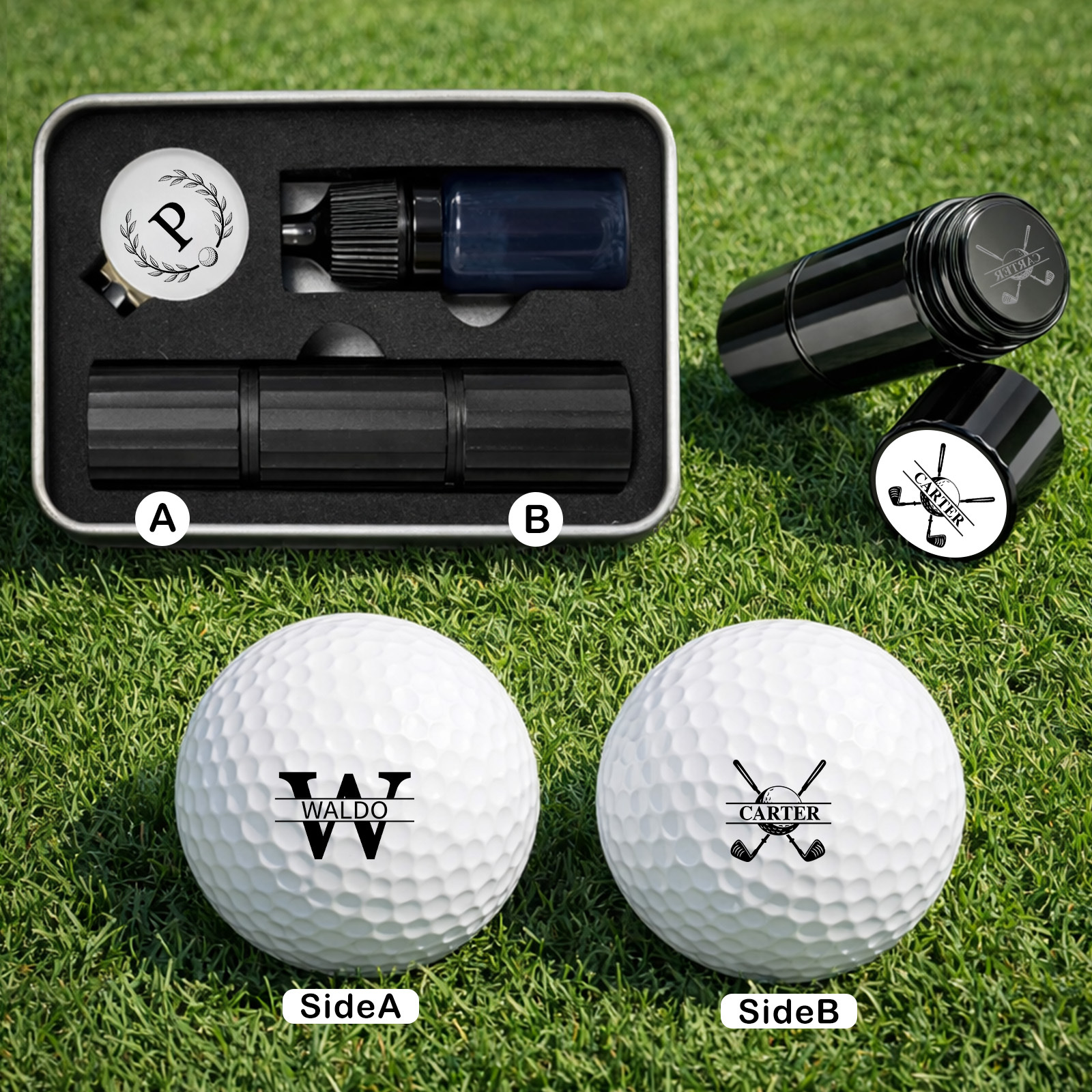 Custom Golf Ball Stamp - Double Sided Personalized 2-in-1 Marker with Name & Icon, Dual Head Reusable Ink Stamper, Water-Proof & Smudge-Free, Ideal Golf Gifts for Men, Dad, Husbands, Golfing Gear