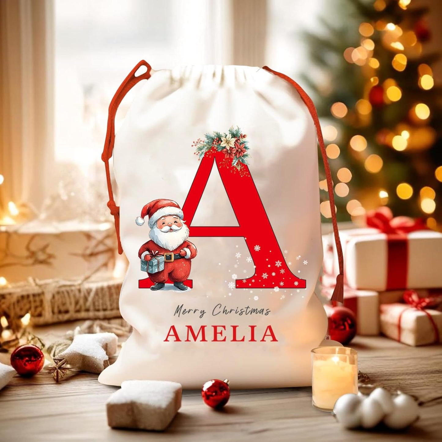 Personalized Christmas Santa Sack, Custom Xmas Canvas Drawstring Bags with Initial & Name for Kids, Christmas Gift Doll Bags for Holiday Presents Christmas Eve Box Large Sack Bag