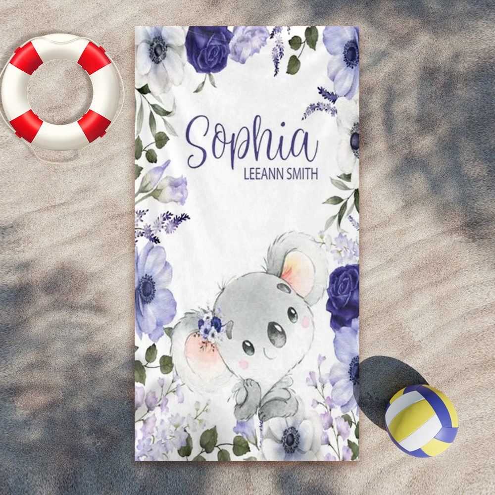 Koala Beach Towel, Custom Kid Towel, Floral Beach Towel, Purple Floral Elephant