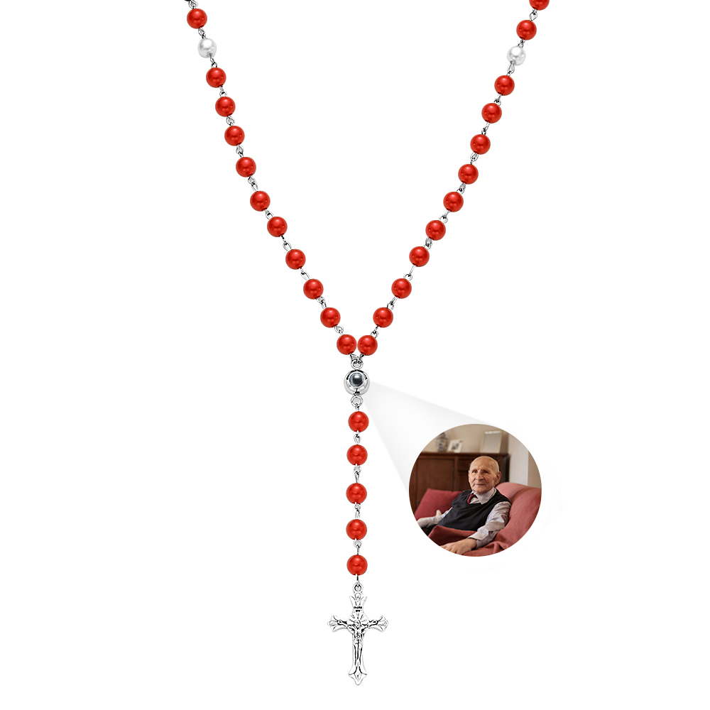 Personalized Photo Projection Multi-Color Rosary Beads Cross Necklace with Photo Memorial Gift for Women