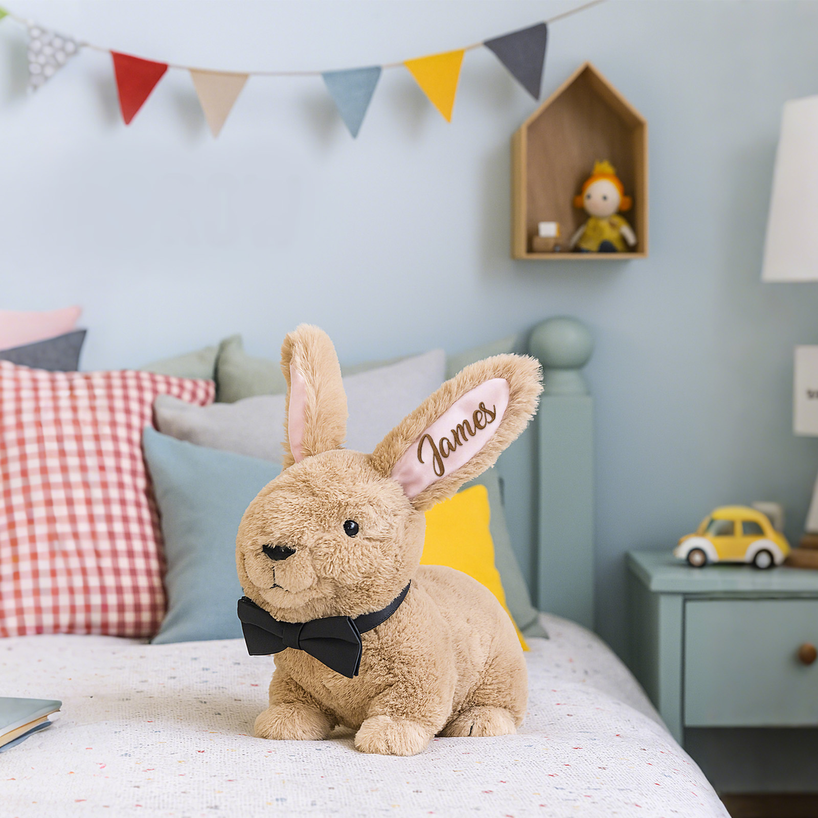 Custom Bunny Plush Embroidered Name, Realistic Bunny Stuffed Animal, Personalised Brown Rabbit for Baby Birthday Easter Gift for Girls Toddlers Kids