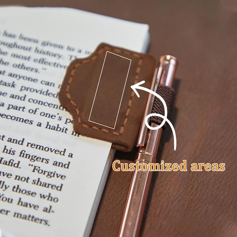 Custom Logo Leather Book Mark with Pen Holder, Engraved Magnetic Bookmark,Leather Magnetic Pen Loop for Notebook,Journal Accessory