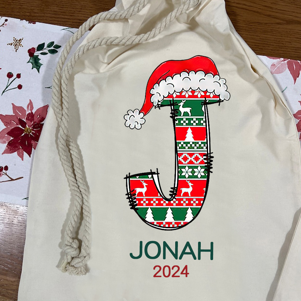 Personalized Christmas Santa Sack, Custom Initial & Name Gift Bag, Holiday Cotton Present Sack for Kids & Adults