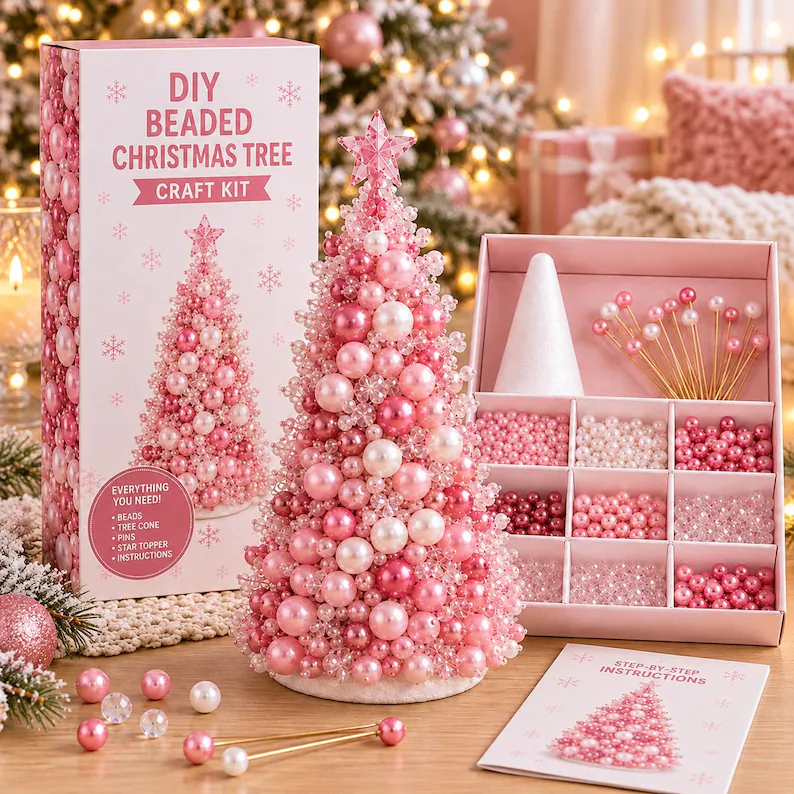 DIY Beaded Christmas Tree Craft Kit, Green Pearl Holiday Decor (Material Kit)