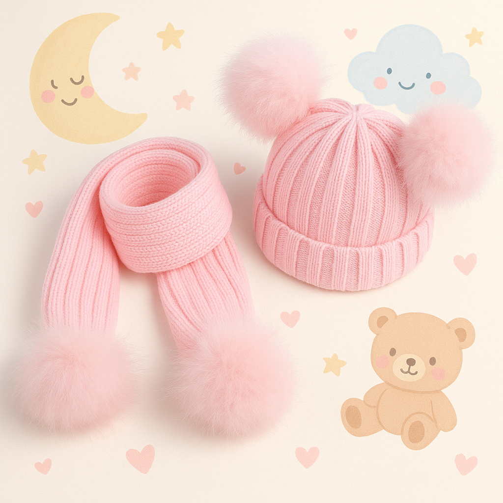 Personalized Embroidery Kid Pom Pom Hat and Scarf