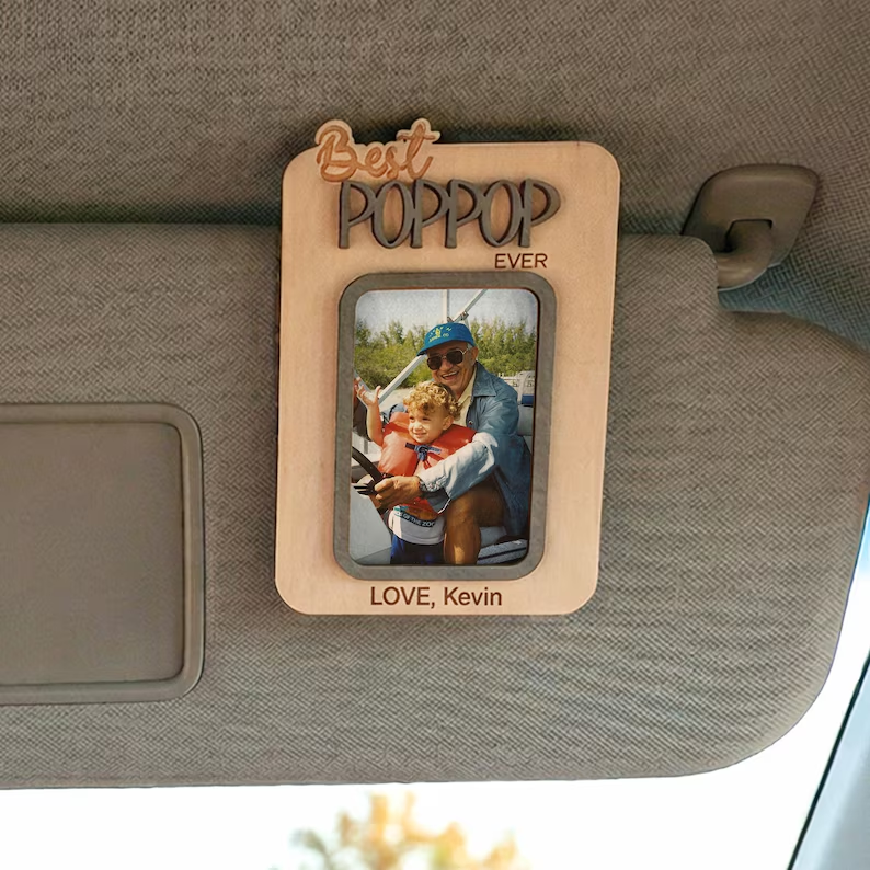 Personalized Dad Gift, Custom Photo Car Visor Clip and Photo Magnet, Wooden Keepsake Frame