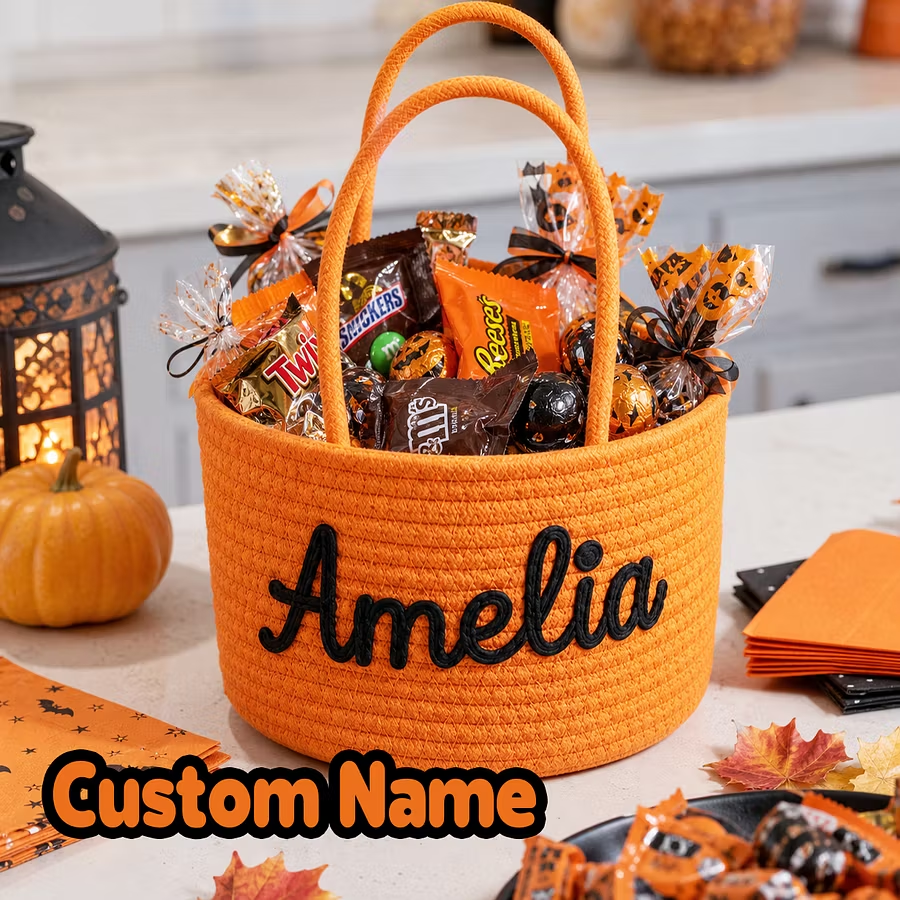 Custom Halloween Basket for Child Personalized Halloween Trick or Treat Bag with Cotton Rope Embroidery Name Customized Kids Woven Halloween Candy Bucket Gifts for Boys Girls