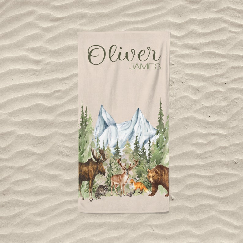 Woodland Animals Beach Towel, Beach Towel Personalized, Moose Gift, Deer Nursery