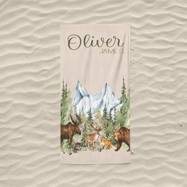 Woodland Animals Beach Towel, Beach Towel Personalized, Moose Gift, Deer Nursery