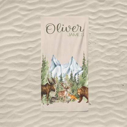 Woodland Animals Beach Towel, Beach Towel Personalized, Moose Gift, Deer Nursery