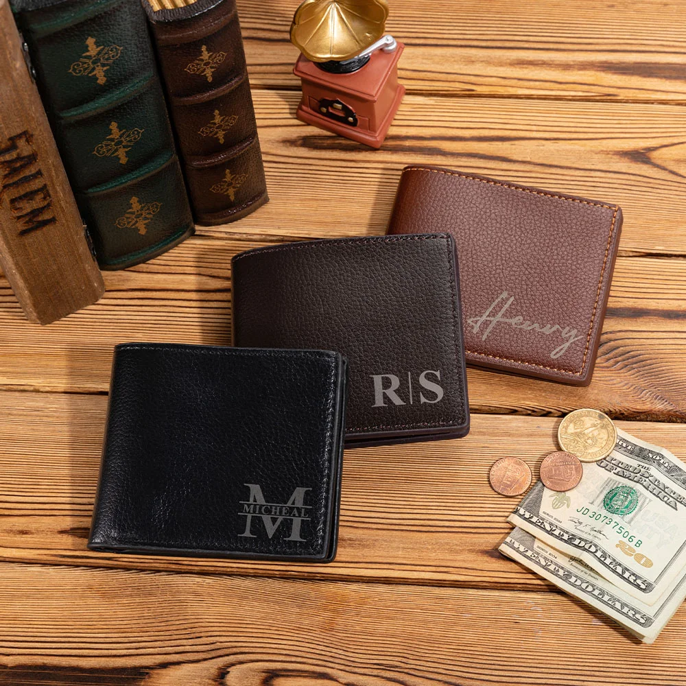 Personalized Men's Foldable Leather Wallet with Engraved Initials and Name Father's Day Anniversary Birthday Gift for Him