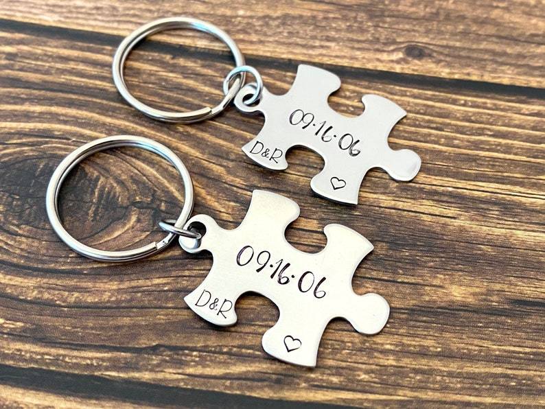 Personalized puzzle keychains, couples keychain, puzzle piece, wedding gift, couples gift, anniversary keychain, puzzle gift, date, letters
