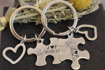 Couples Key chain,2Pcs Puzzle Couples Custom key chain set,Custom Date Couple Keychain,Christmas gift for him，Anniversary Gift For Boyfriend