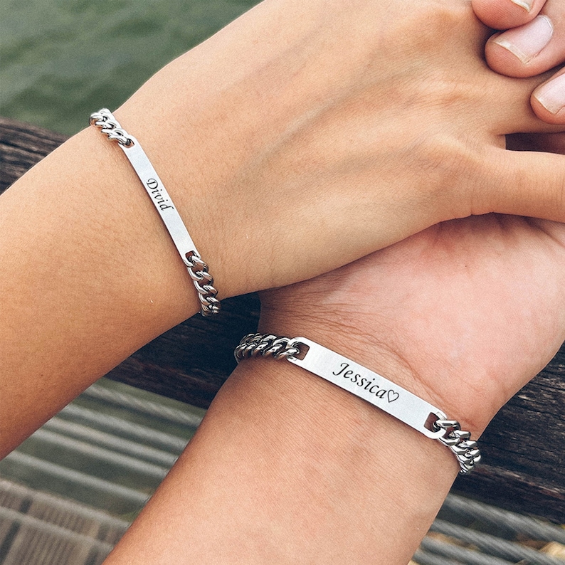 Personalized Engraved Bangle Bracelet: Stainless Steel Couple Promise Jewelry