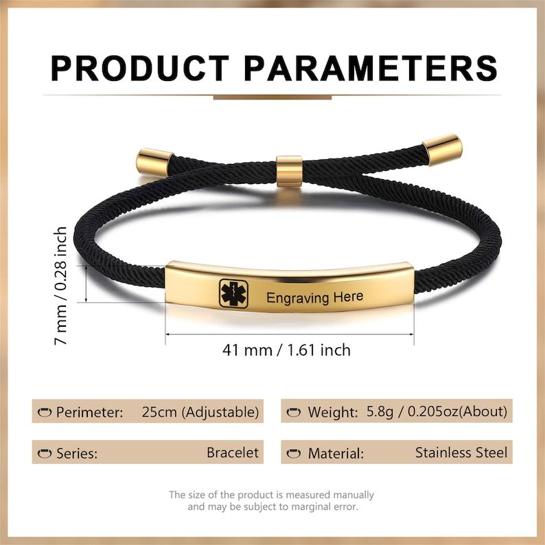 Medical Alert Bracelet, Personalized Medical Rope Bracelet with Engraving, ID & Medical Bracelets, Minimalist Emergency Jewelry for Her Him
