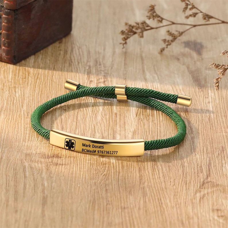 Medical Alert Bracelet, Personalized Medical Rope Bracelet with Engraving, ID & Medical Bracelets, Minimalist Emergency Jewelry for Her Him