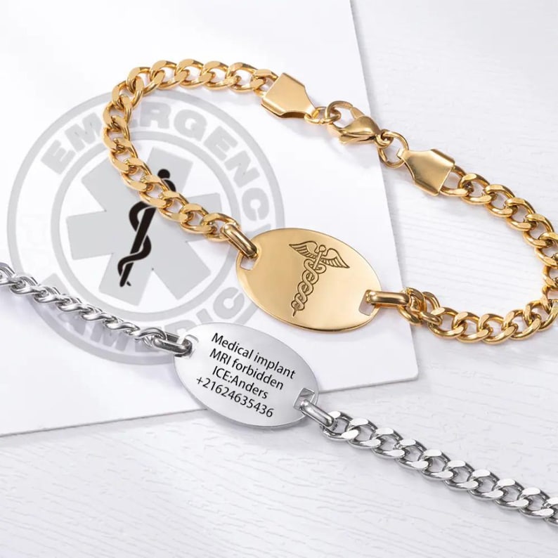 Medical Alert ID Bracelet with Custom Engraving, Adjustable Medical Alert Emergency Bracelet, Allergy/Medical Implant Warning Bracelet