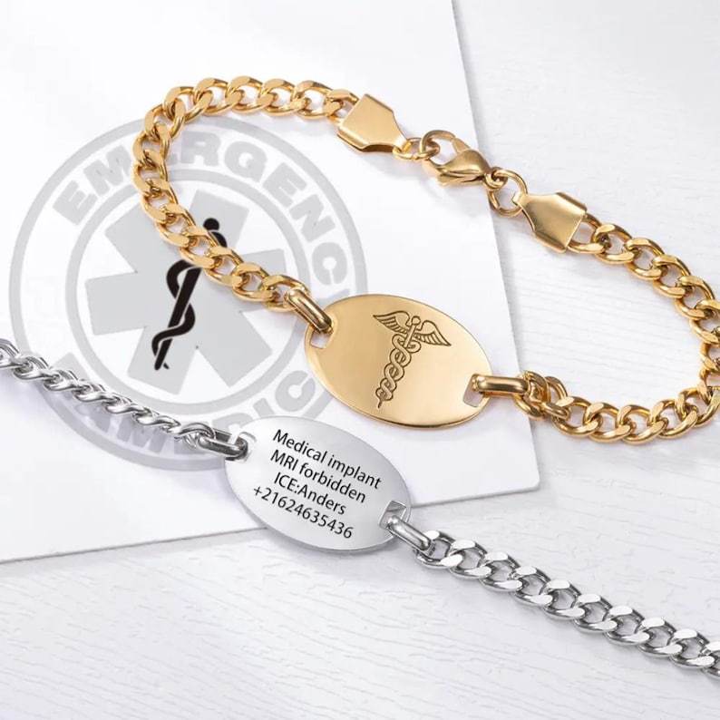 Medical Alert ID Bracelet with Custom Engraving, Adjustable Medical Alert Emergency Bracelet, Allergy/Medical Implant Warning Bracelet