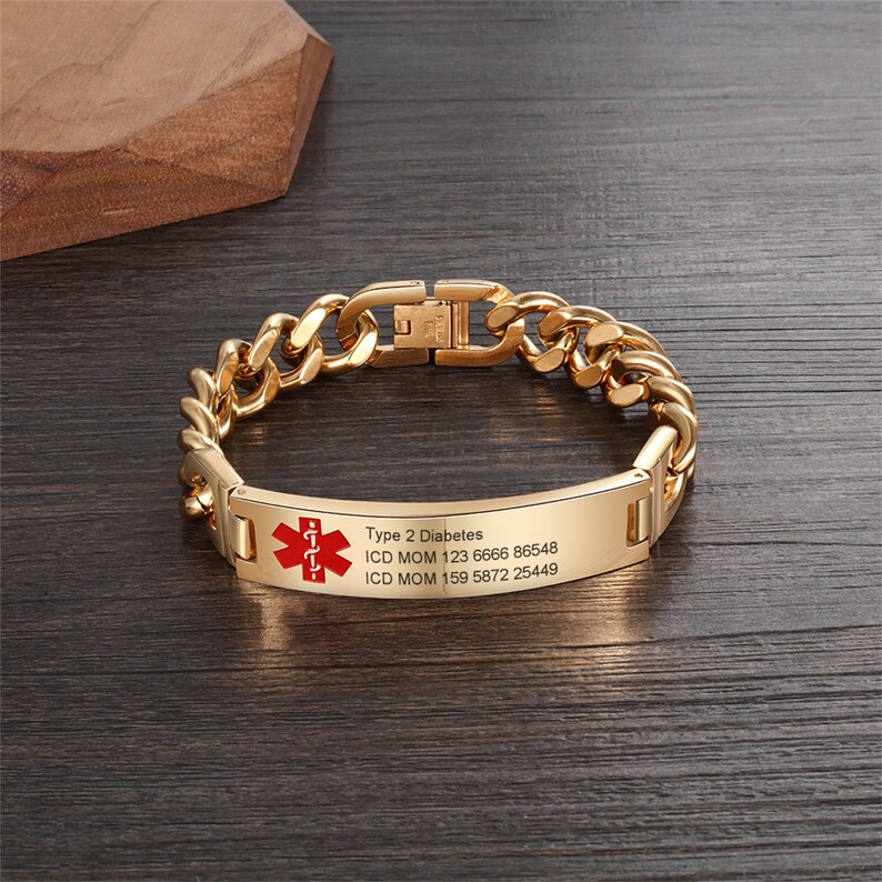 Custom Diabetes Medical Alert ID Bracelet for Men, Personalized Titanium Steel Emergency Info Wristband for Daily Wear